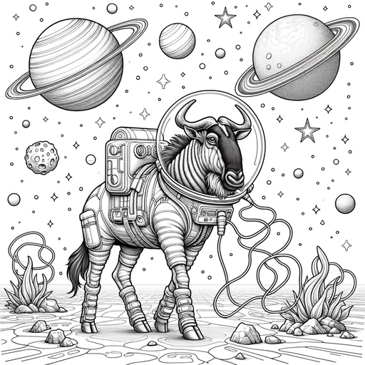 Children&#8217;s Wildebeest in Space Coloring Page