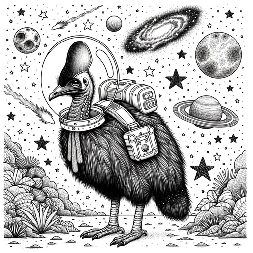 Children&#8217;s Cassowary in Space Coloring Page