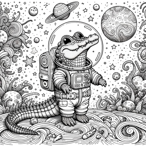 Children&#8217;s Crocodile in Space Coloring Page