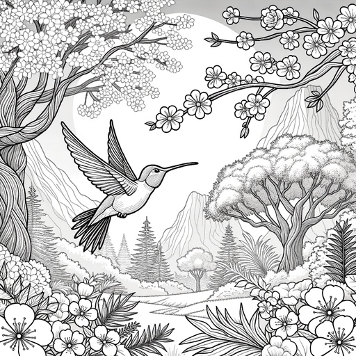 Children&#8217;s Hummingbird in Nature Coloring Page