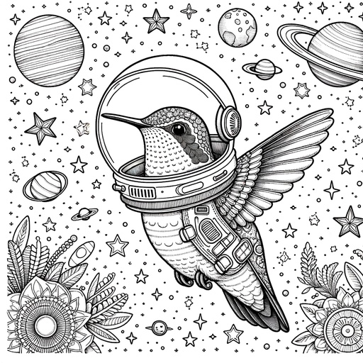 Children&#8217;s Hummingbird in Space Coloring Page