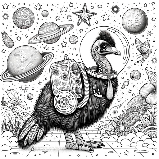 Children&#8217;s Cassowary in Space Coloring Page