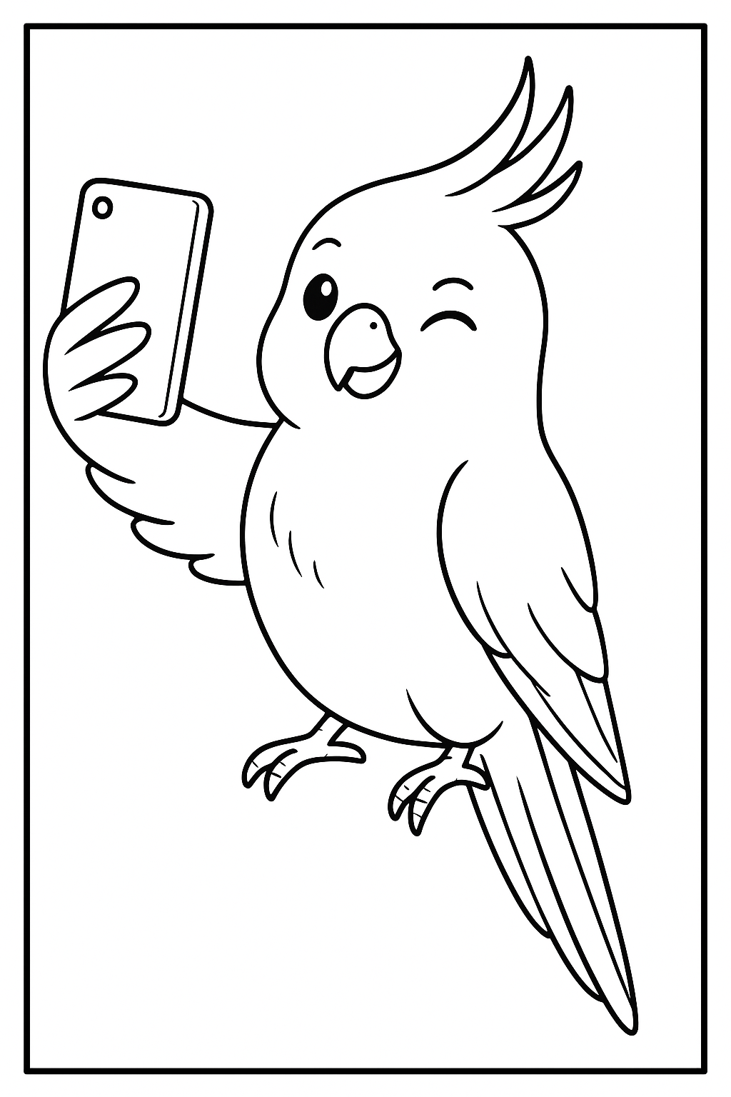 Cockatiel taking a selfie coloring page