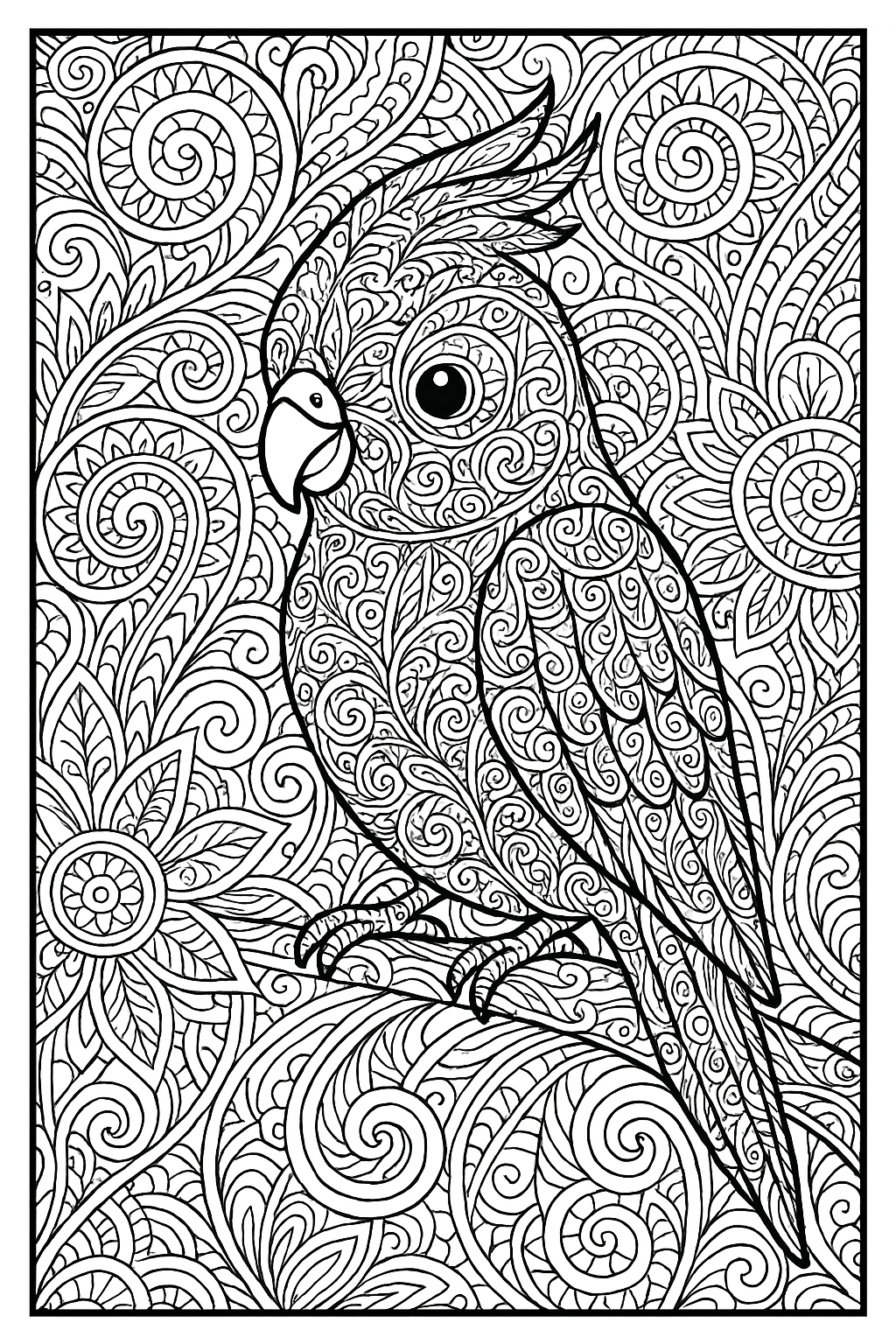 Mindful cockatiel coloring page for older children and teens