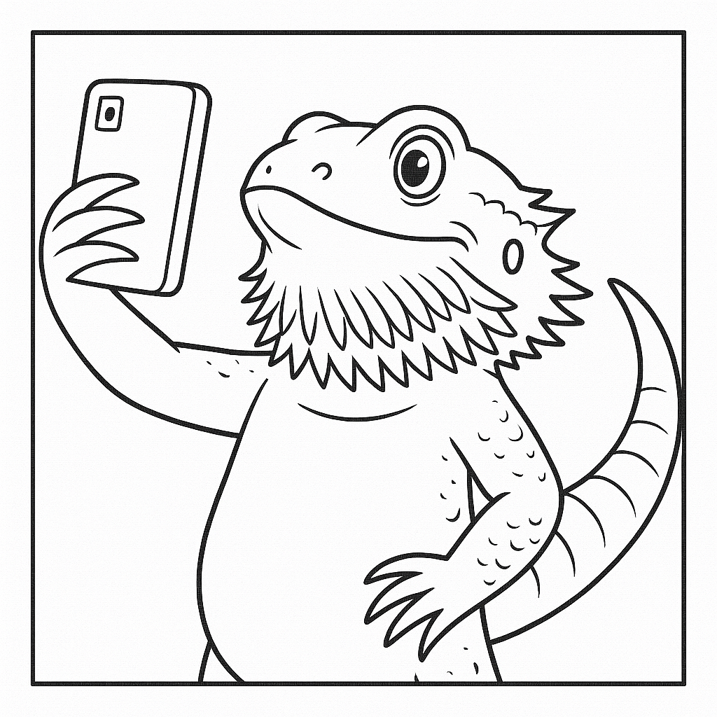 bearded dragon taking a selfie coloring page